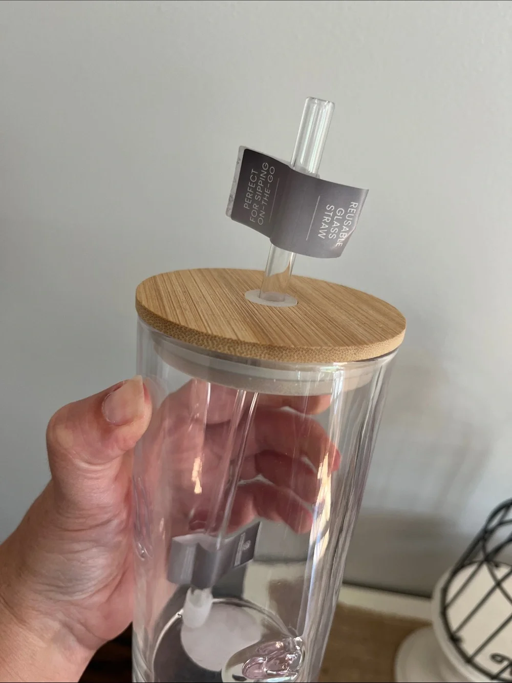 Clear Acrylic Tumbler with Bamboo Lid and Pink Accent Designs